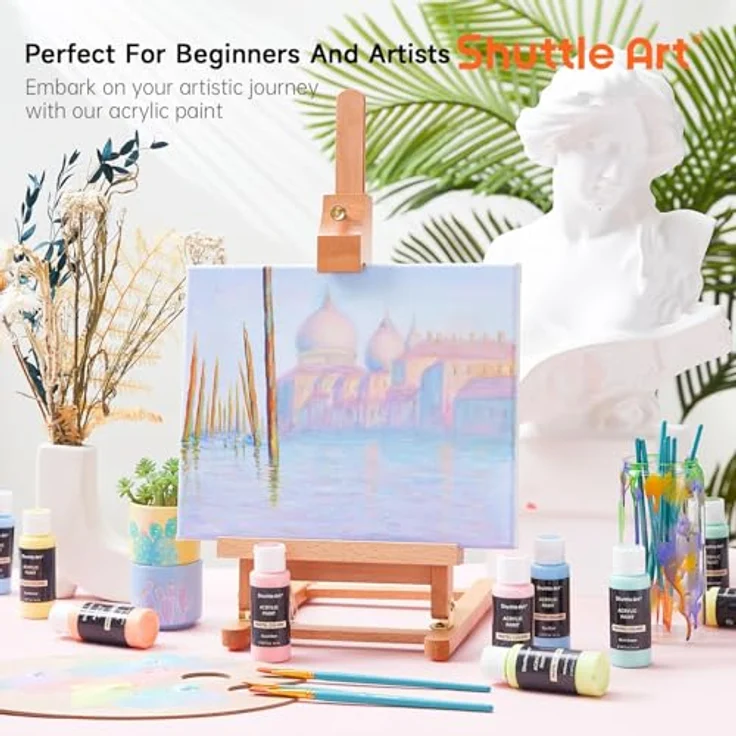 Shuttle Art Pastell Acrylfarben Set, 30 weiche ungiftige Pastellfarben in 60ml Flaschen mit 10 Pinseln, wasserfeste Künstlerqualität für Leinwand und Steine – Bild 5