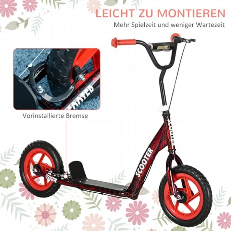 AIYAPLAY Kinderroller Scooter, Tretroller mit verstellbarem Lenker (80-88 cm), großen Rädern und Handbremse, 11,8 Zoll Cityroller für 6-12 Jahre, Stahl Rot – Bild 4