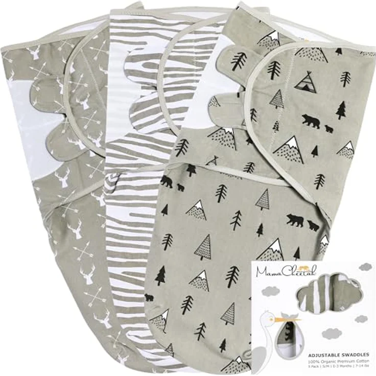 Mama Cheetah Pucksack Baby, verstellbares Wickeltuch für Säuglinge (0-3 Monate), 3er-Pack, 100% Bio-Baumwolle, atmungsaktiv und maschinenwaschbar – Bild 1