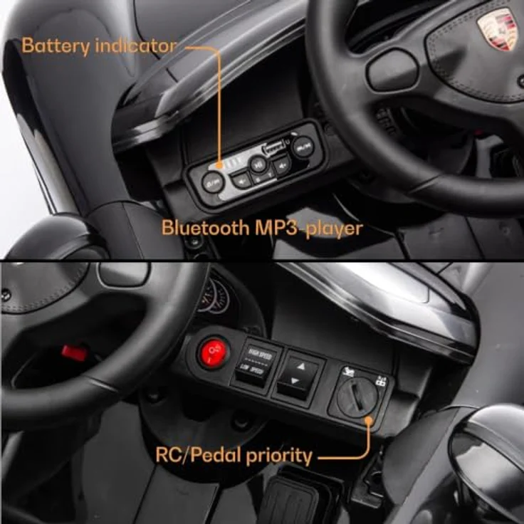 Porsche Carrera GT Elektro-Kinderauto 12V, mit Fernbedienung, Ledersitz, Bluetooth, EVA-Reifen – Offiziell lizenziertes Kinder Elektroauto – Schwarz – Bild 3