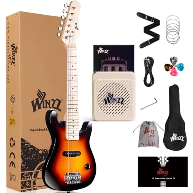 Winzz 30 Zoll Mini E-Gitarre für Kinder, Ahorn Griffbrett, Elektrische Gitarre Anfänger Set mit 3W Verstärker, Sunburst