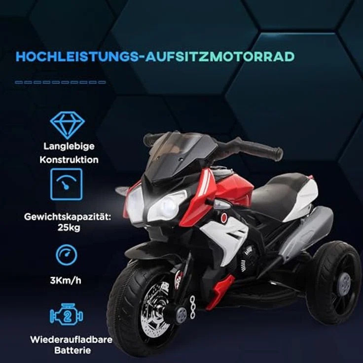 HOMCOM Elektro-Kindermotorrad mit Musik, Scheinwerfer, Geschwindigkeit 3km/h, Belastbarkeit 25 kg (Schwarz/Rot) 3-5 Jahre – Bild 4