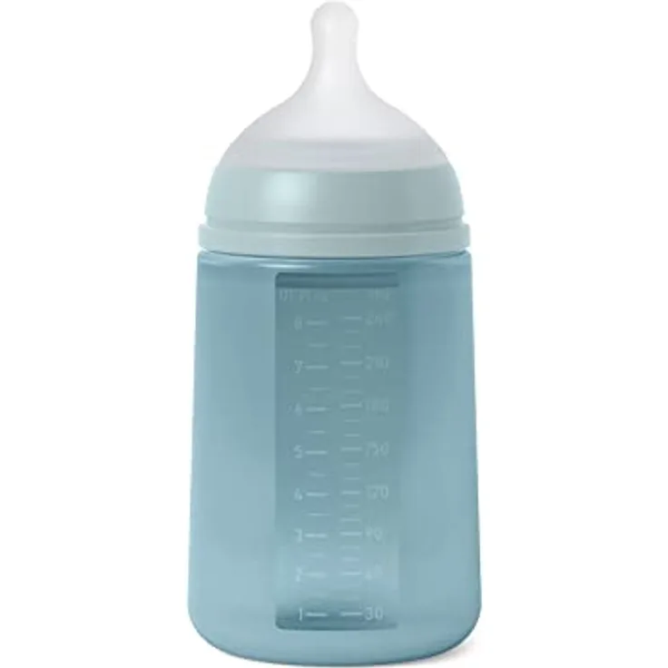 SUAVINEX Trinkflasche mit Silikonflasche, 240 ml, physiologischer Sauger SX Pro aus Silikon, anti-Kolik-Ventil, mittlere Durchflussflasche (M), für Babys ab 3 Monaten, Blau - Farbe Essence