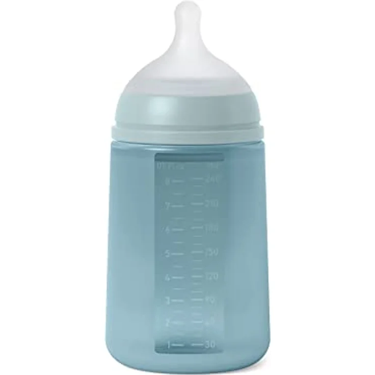 SUAVINEX Trinkflasche mit Silikonflasche, 240 ml, physiologischer Sauger SX Pro aus Silikon, anti-Kolik-Ventil, mittlere Durchflussflasche (M), für Babys ab 3 Monaten, Blau - Farbe Essence – Bild 1