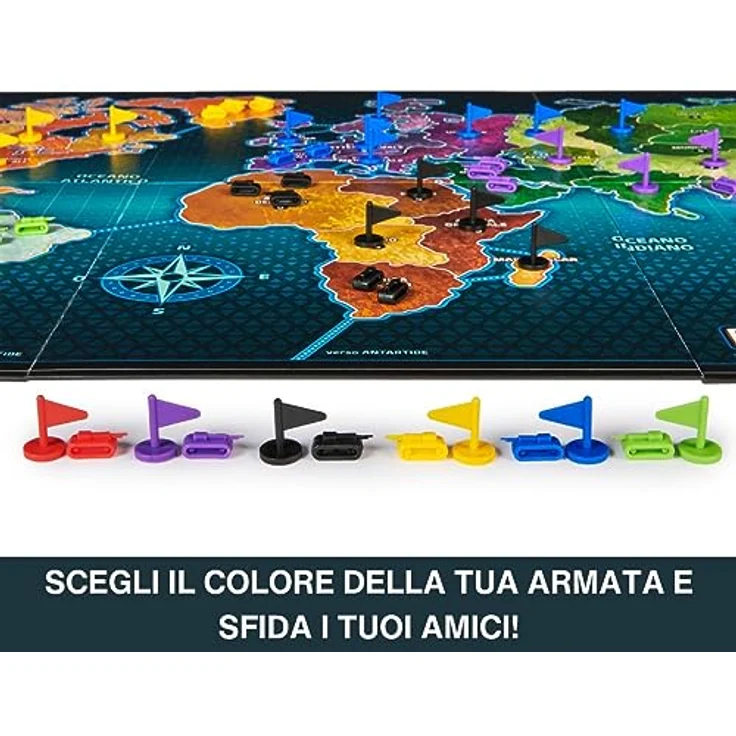 Spin Master Games, Editrice Spiele, Risiko, Boxspiele, Risico Classic Edition 2023, Gesellschaftsspiele und Strategie für Familie und Freunde, für Erwachsene und Kinder, von 3 bis 6 Spielern, ab - Brettspiel mit 74 Karten, 6 Armeen in verschiedenen Farben und Würfeln, Strategiespiel für gemütliche Abende – Bild 5