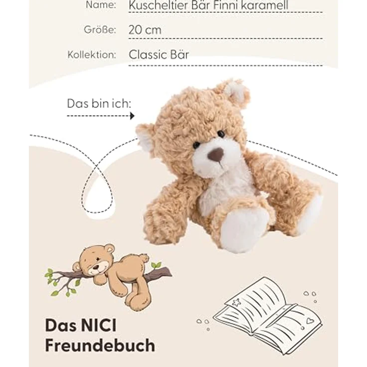 NICI Kuscheltier Bär Finni 20cm, karamellfarbener Plüschbär mit weißem Fellakzent – Bild 5