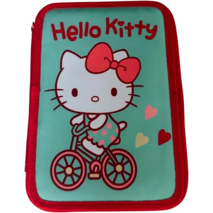 Hello Kitty Federmäppchen, Doppellagig mit Zubehör, Türkis/Rot, inklusive Buntstiften und Schreibutensilien