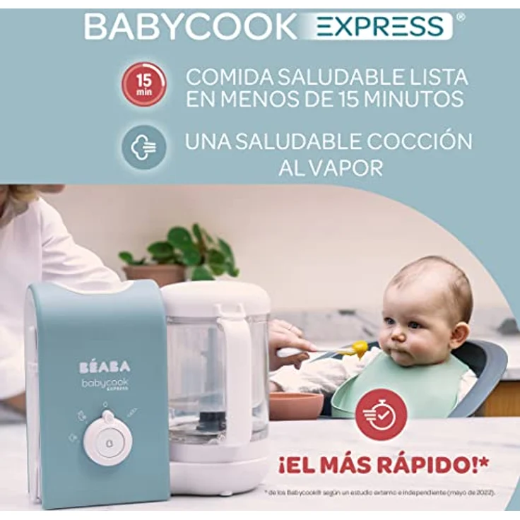 BEABA, Babycook Express, 4 in 1 Babynahrungszubereiter, schnelles Kochen: weniger als 15 Min, Mixen, schonendes und gesundes Dampfgaren, Auftauen, Aufwärmen, Kapazität 1250 ml, Samtgrau – Bild 2