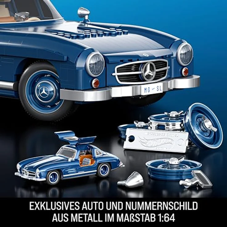 Mattel Brick Shop Hot Wheels Premium Bauset, Mercedes-Benz 300 SL, 1600 Teile, maßstabsgetreu, mit Metallteilen und authentischen Details, HWW25 – Bild 5