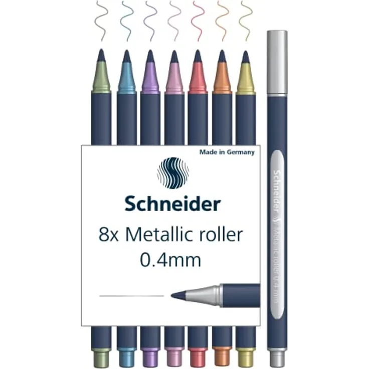 Schneider ML05011502 Metallic Rollerball Stifte 8er Set (Strichstärke 0,4 mm, hochmetallische Tinte, schnelltrocknend, Gehäuse aus 88% biobasiertem Kunststoff) 8 Stück farblich sortiert