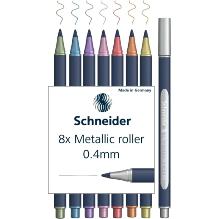 Schneider ML05011502 Metallic Rollerball Stifte 8er Set (Strichstärke 0,4 mm, hochmetallische Tinte, schnelltrocknend, Gehäuse aus 88% biobasiertem Kunststoff) 8 Stück farblich sortiert – Bild 1