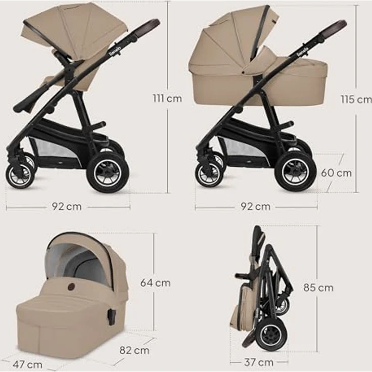 Lionelo Bianka 3-in-1 Kinderwagen, Beige Sand mit ADAC-zertifiziertem Kindersitz und doppelter Stoßdämpfung – Bild 13