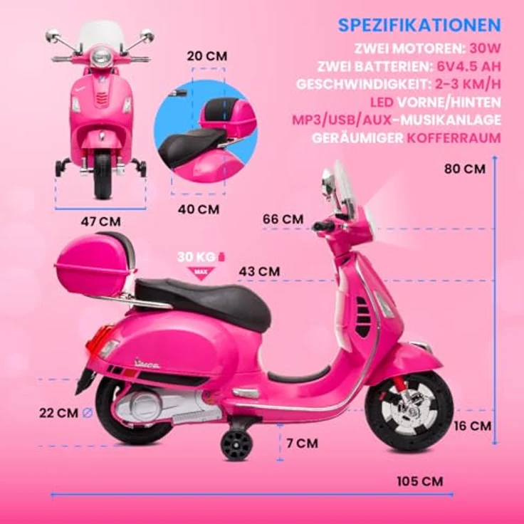 Sun Baby Vespa Elektro Kindermotorrad ab 3 Jahren, Kunststoffräder und -sitze, Kofferraum, MP3-Player, USD MicroSD AUX-Anschluss (Fuchsie) – Bild 3