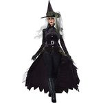 Metamorph Gothic Witch Kostüm (S), hochgeknöpfte Jacke mit Spitzkragen, mehrlagiger Überrock und zweiteiliger Hexenhut, schwarz