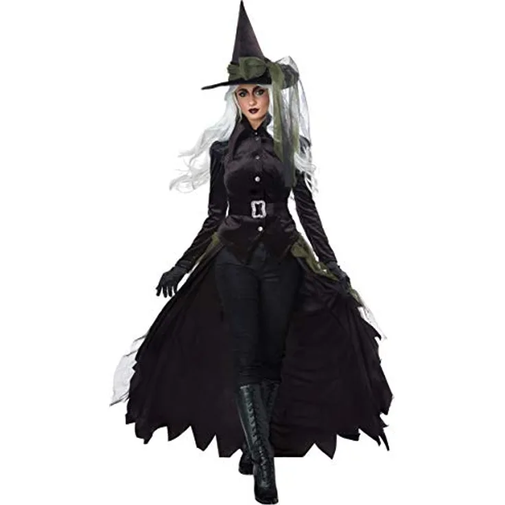 Metamorph Gothic Witch Kostüm (S), hochgeknöpfte Jacke mit Spitzkragen, mehrlagiger Überrock und zweiteiliger Hexenhut, schwarz
