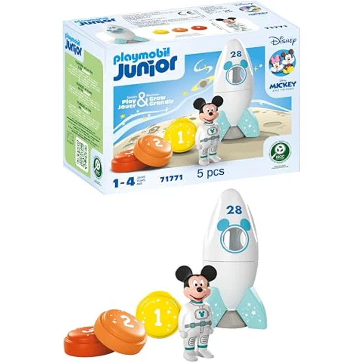 PLAYMOBIL JUNIOR & Disney Micky Maus Raketen- & Weltraumabenteuer, nachhaltiges Spielzeug ab 1 Jahr, fördert Fantasie & erstes Lernen, inkl. 1 Mickey Maus Figur, 1 Rakete und 3 Countdown-Steine, 71771 – Bild 1