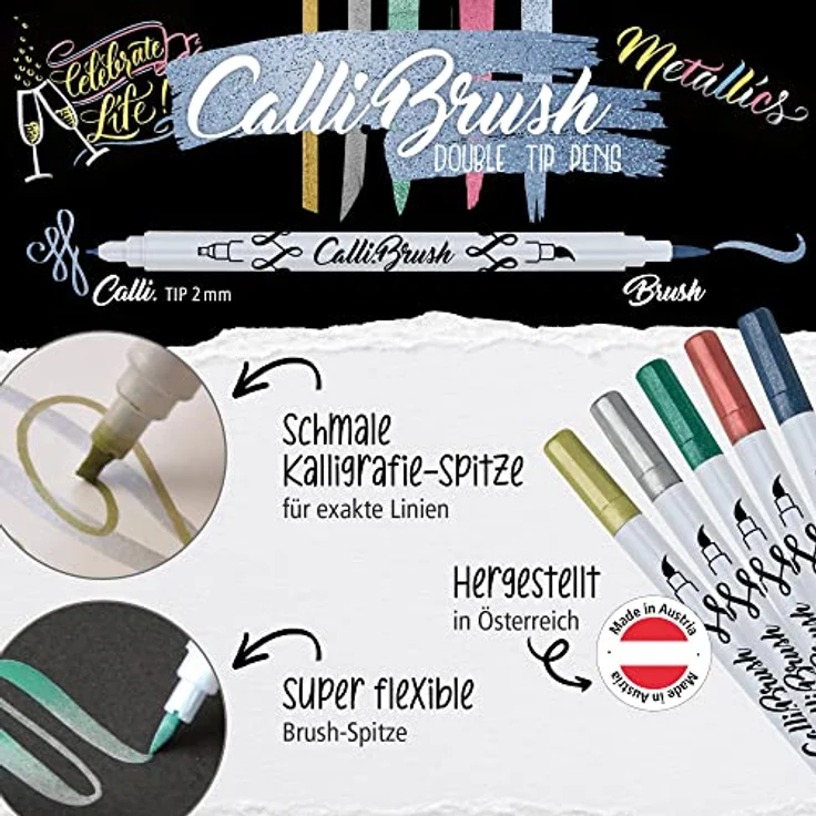 Online Brush-Pen Set Calli.Brush Metallic I 5 Double-Tip Pinselstifte in glänzenden Metallic-Farben mit Kalligrafie-Spitze & Pinselspitze I Ungiftige Handlettering Stifte für Kalligraphie, Bullet Journals & Co. I in Bambus-Etui – Bild 2