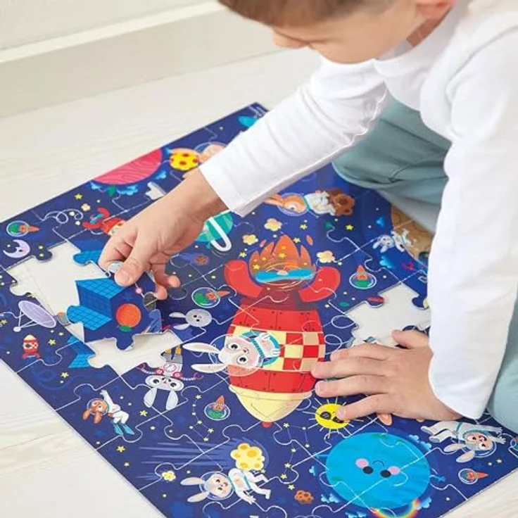 Janod Puzzle Die Rakete, 54-teiliges FSC-Pappe Kinderpuzzle, fördert Geduld und Konzentration, ab 5 Jahre, Blau – Bild 3