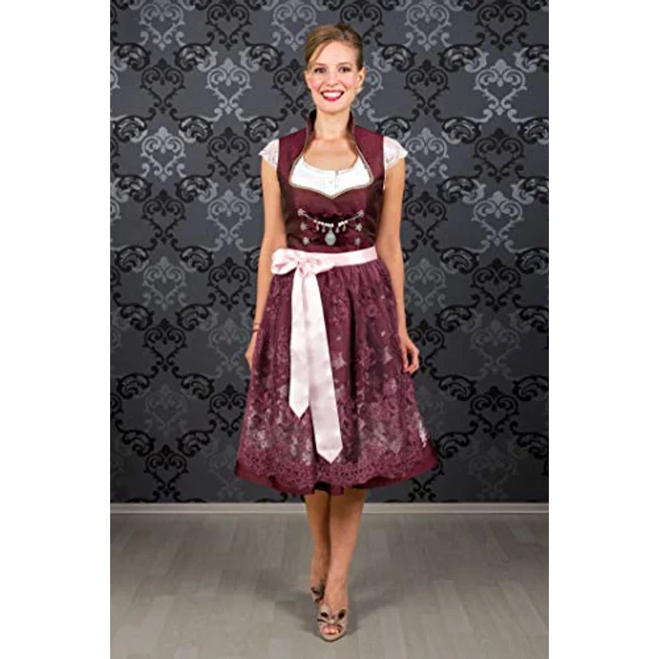 Edelnice Dirndl Stella, Dirndlkleid aus satt dunkelrotem Brokatstoff mit romantischen Streublumen und Schmetterlingen – Bild 6