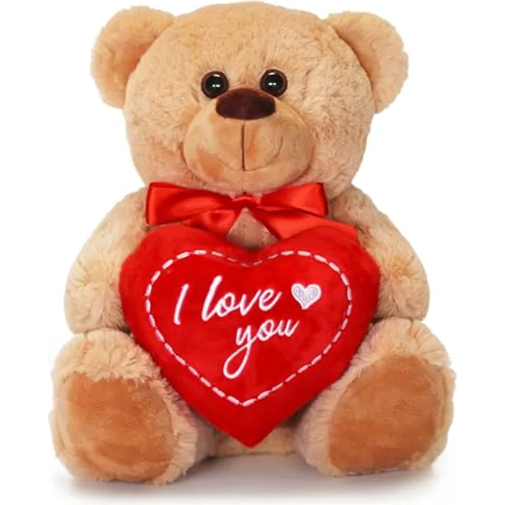 matches21 HOME & HOBBY Plüschfigur Teddybär mit Herz hellbraun beige Kuscheltier 25 cm - I love you (1-St) - Kuscheltier mit beschriftetem Herz, 25 cm groß, hochwertiger Stick