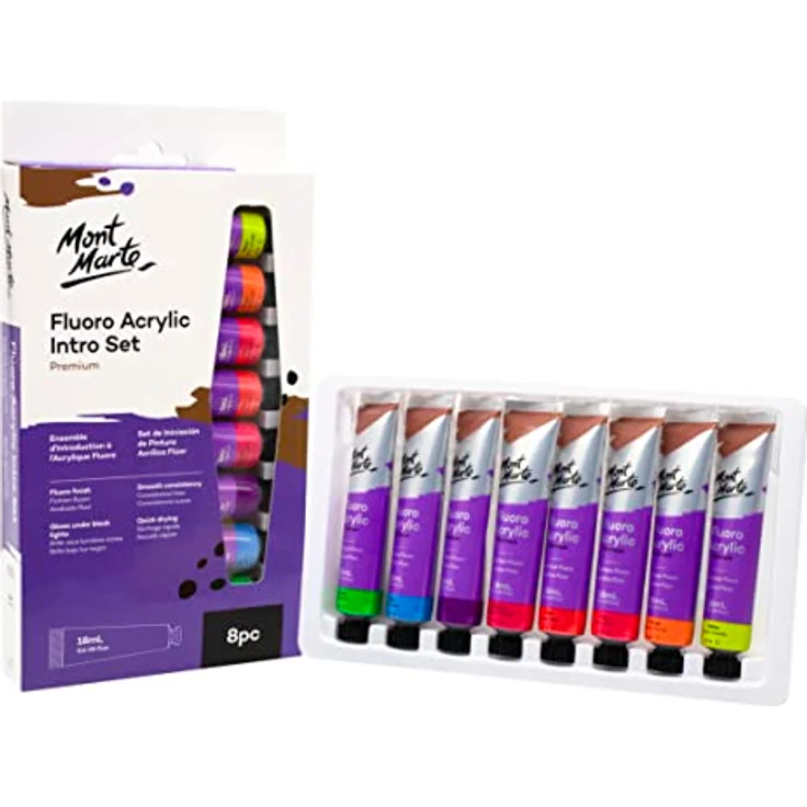 Mont Marte Acrylfarben Set Neon, fluoreszierend, 8 Tuben à 18 ml, brillante lichtechte Farben mit Neoneffekt unter Schwarzlicht, hohe Deckkraft – Bild 1
