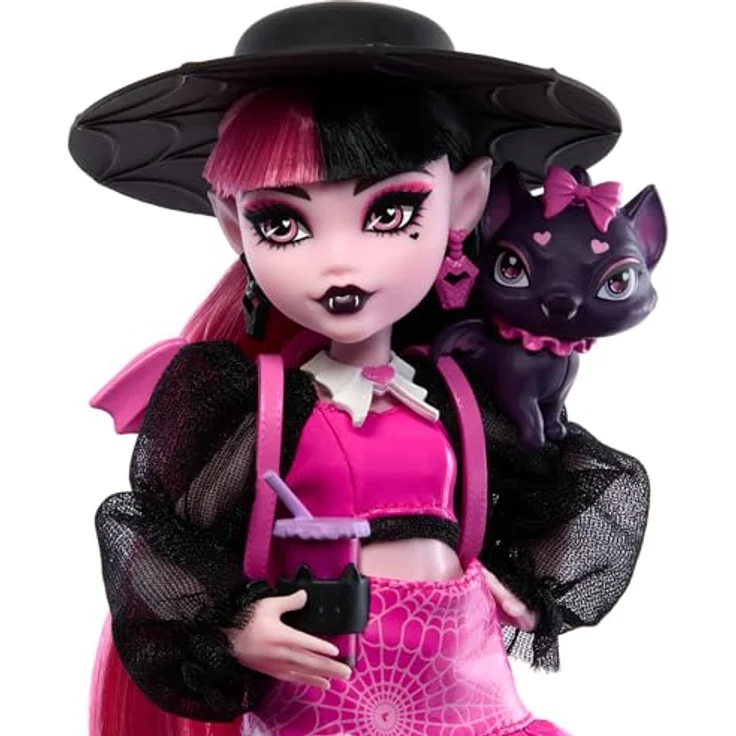 Mattel® Anziehpuppe Monster High Draculaura with Pet Fabulous Doll, Rosa und Schwarz, Gruselige Accessoires, Voll artikuliert – Bild 3