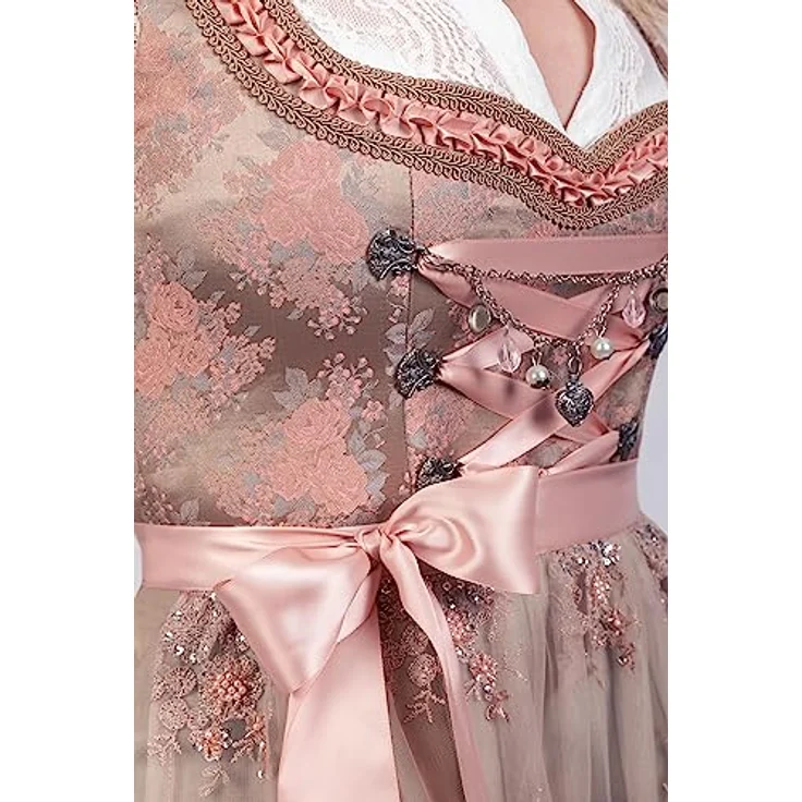 Edelnice Rosalie Dirndl, goldenes Brokatstoff mit rosé Rosenmuster, handgefertigtes Charivari – Bild 9