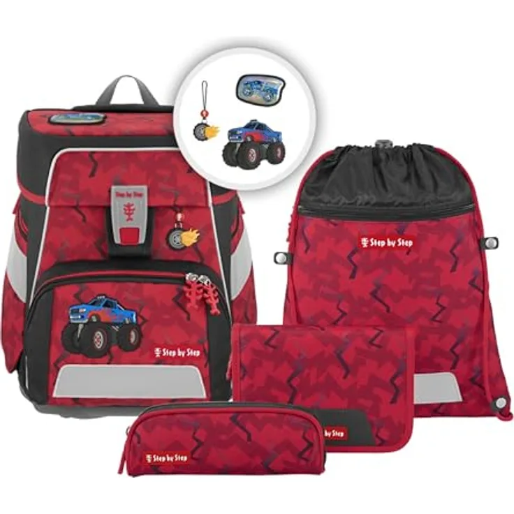 Step by Step Schulranzen-Set Space Monster Truck Rocky, 5-teilig, rot-blau, ergonomischer Tornister mit Reflektoren, höhenverstellbar mit Hüftgurt, 20l
