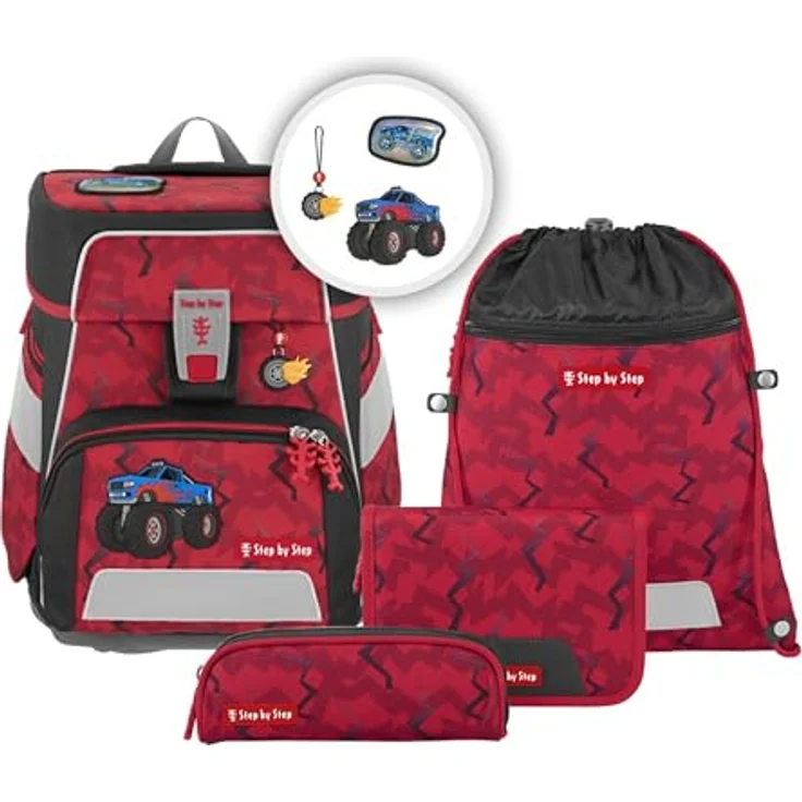 Step by Step Schulranzen-Set Space Monster Truck Rocky, 5-teilig, rot-blau, ergonomischer Tornister mit Reflektoren, höhenverstellbar mit Hüftgurt, 20l – Bild 1