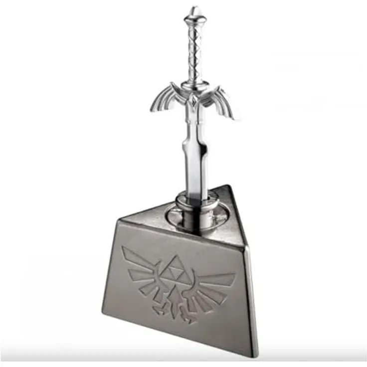 Hanayama HUZZLE - Zelda Master Sword (Diff. 6), Metallpuzzle mit zylindrischem Mittelstück und Steinsockel, Mehrfarbig