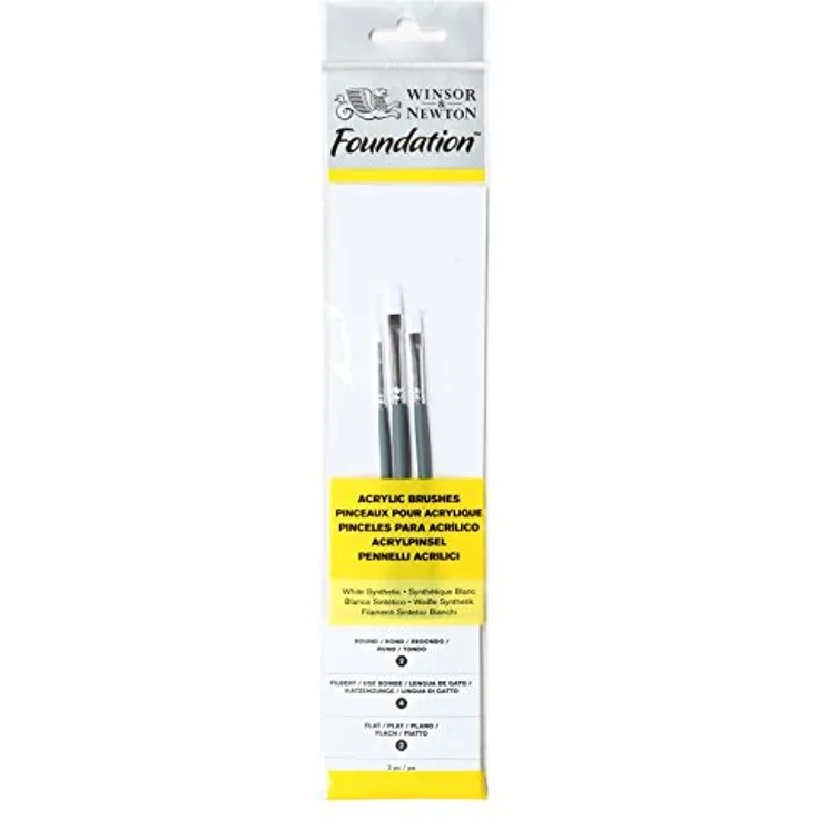Winsor & Newton 5295003 Foundation Pinselsets, Acrylpinsel, 3er Set,, Rundpinsel Nr. 2, Flachpinsel Nr.2, Filbert Nr.4 - kurzer Stiel