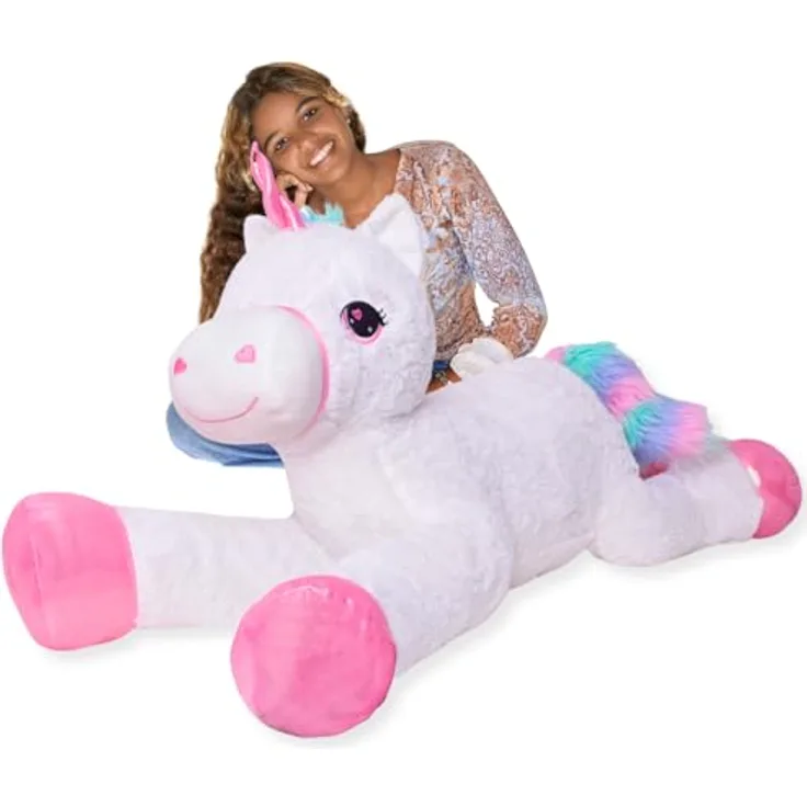 TE-Trend XXL Einhorn Plüschtier 120cm, weißes Kuscheltier mit rosa Glitzerhorn und Regenbogen Schweif, ideales Geschenk für Kinder und Jugendliche