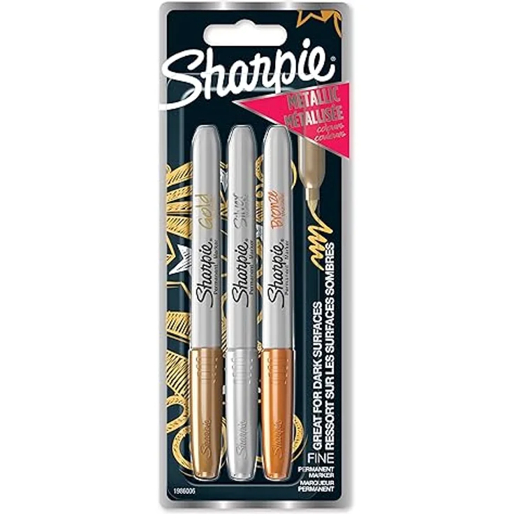 Sharpie PermMarker F Metallic Mix, 3er Set von Permanentmarkern mit feiner Spitze, wasserfest und metallischen Farben