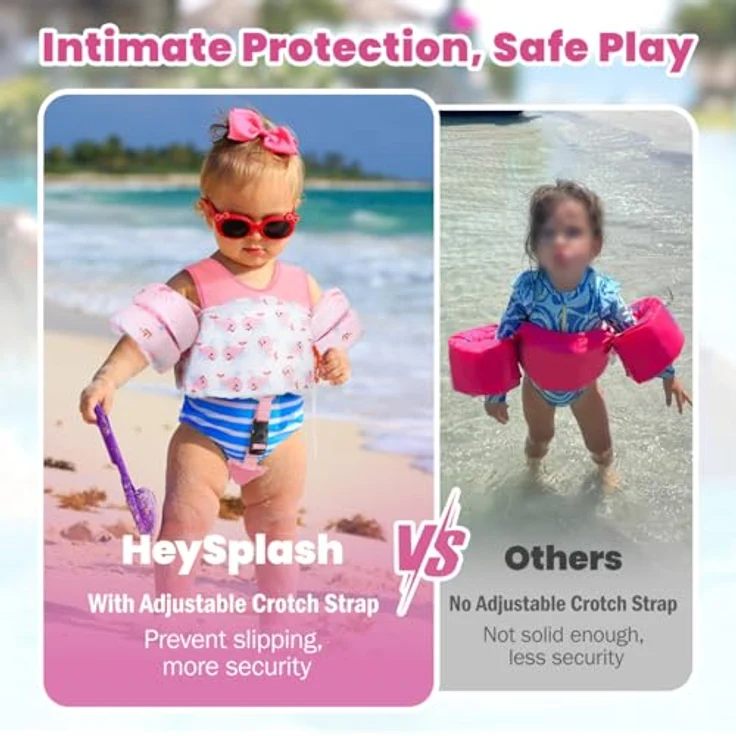 HeySplash Kinder Schwimmweste, Schwimmflügel für Kinder 6-15kg, Verstellbare Träger, Doppelschnalle, Pfeife, Rosa Wal – Bild 3