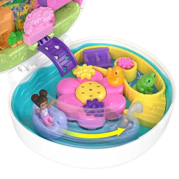 POLLY POCKET Blumen-Häschen Schatulle - Spielset mit Wasserspaß und Farbwechseleffekt, 2 Puppen, 12 Zubehörteilen und 5 Funktionen, für Kinder ab 4 Jahren, HKV36 – Bild 2