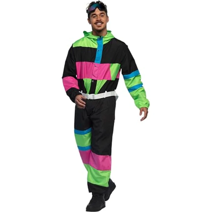 Boland 80er Jahre Skianzug für Damen, Retro-Overall mit Gürtel und Skibrille, Größe M – Bild 1