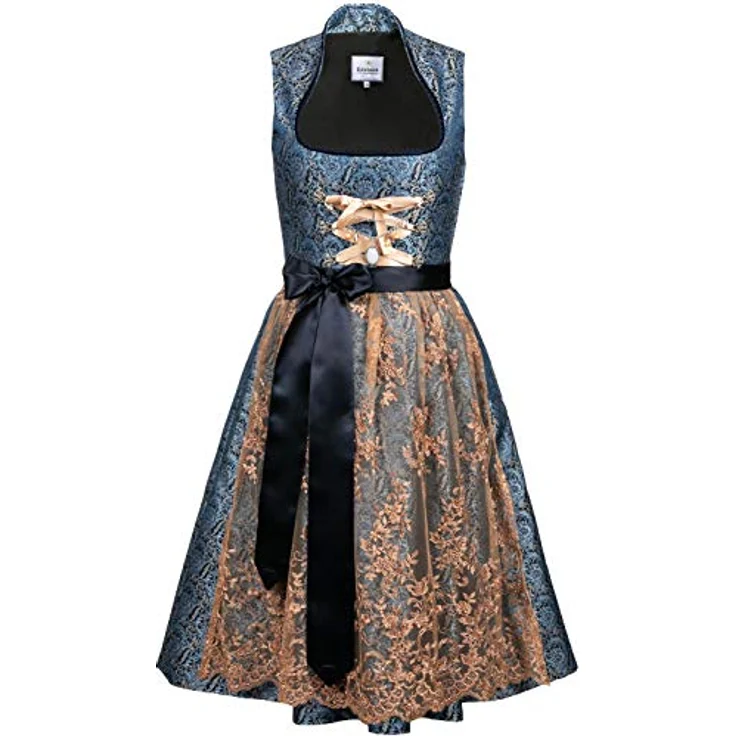Edelnice Dirndl Estelle, Midi Dirndl in blau und beige-gold, Jaquard Stoff mit Blumenmuster, Exclusive Kollektion – Bild 2