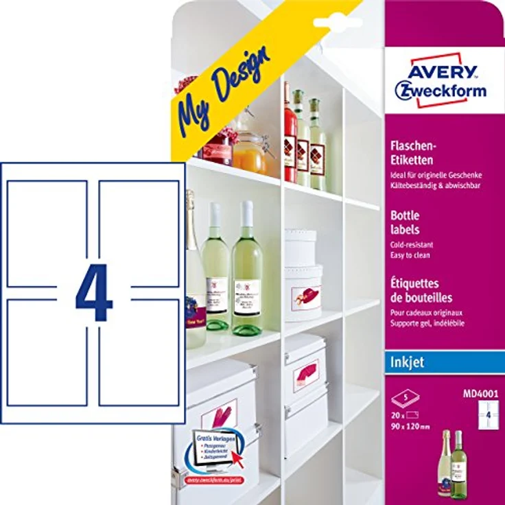AVERY Zweckform MD4001 Flaschenetiketten (120x90 mm auf DIN A4, selbstklebend, bedruckbare Flaschenaufkleber für Glasflächen, Inkjet-/Tintenstrahldrucker) 20 Etiketten für Flaschen auf 5 Blatt weiß – Bild 1