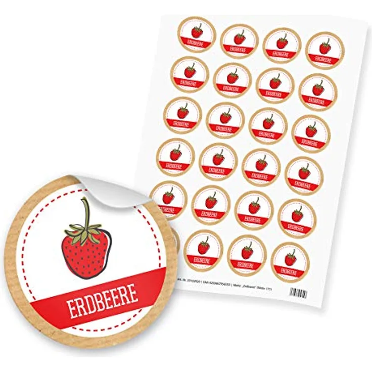 itenga 24x Sticker Aufkleber Erdbeere für Marmelade, Konfitüre und Likör, selbstklebend, Durchmesser 4,0 cm, Papier mit Schutzlack