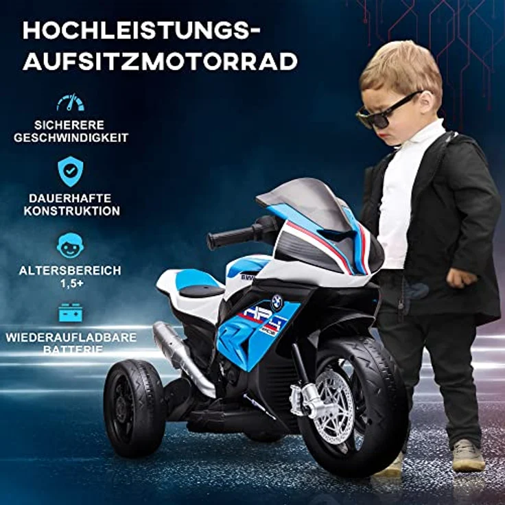 HOMCOM Elektro-Kindermotorrad Kindermotorrad, Elektromotorrad, Karbonoptik, 3 Musikmodi, inkl. Akku und Ladegerät, Blau – Bild 3