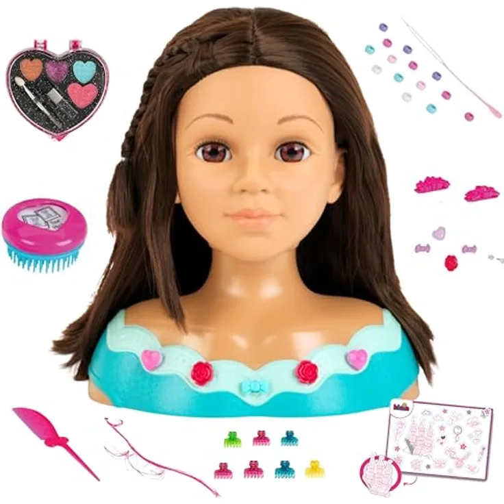 Theo Klein Frisier- & Schminkkopf Princess Coralie, braun, mit Kinder-Kosmetik und Haarstyling-Zubehör in herzförmiger Box