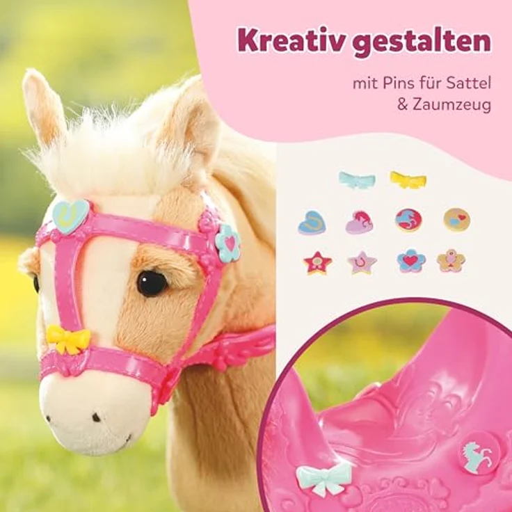 BABY Born My Cute Horse, interaktives Puppenpferd mit Lauf- und Soundfunktion, Plüsch, rosa Sattel und Zaumzeug, inkl. Pins zum Dekorieren – Bild 5