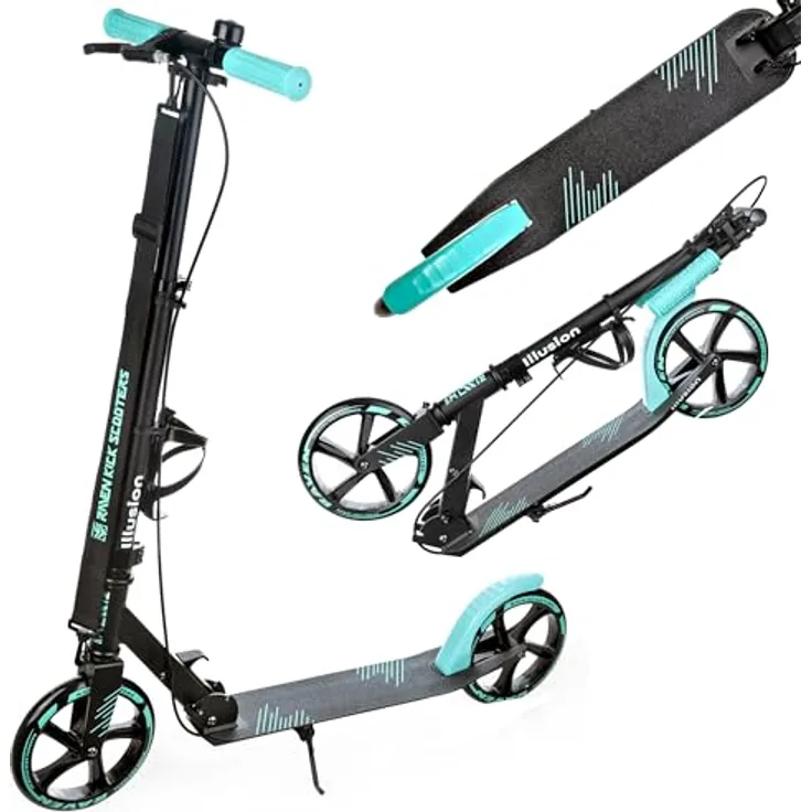 RAVEN Scooter Roller Tretroller Kickscooter klappbar, höhenverstellbar, Illusion Mint mit Handbremse, 200mm Rädern, Tragkraft bis 100 kg, inkl. Tragegurt und Klingel