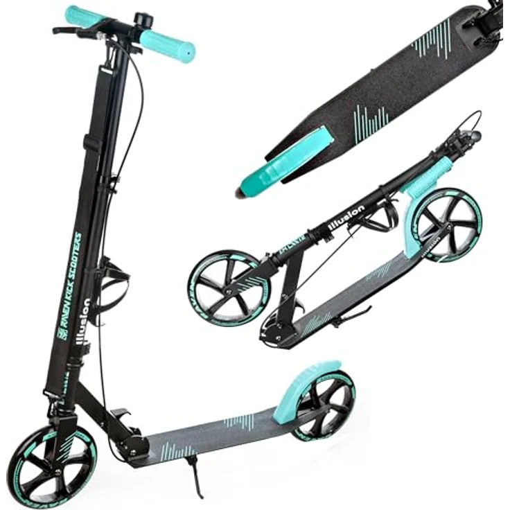 RAVEN Scooter Roller Tretroller Kickscooter klappbar, höhenverstellbar, Illusion Mint mit Handbremse, 200mm Rädern, Tragkraft bis 100 kg, inkl. Tragegurt und Klingel – Bild 1