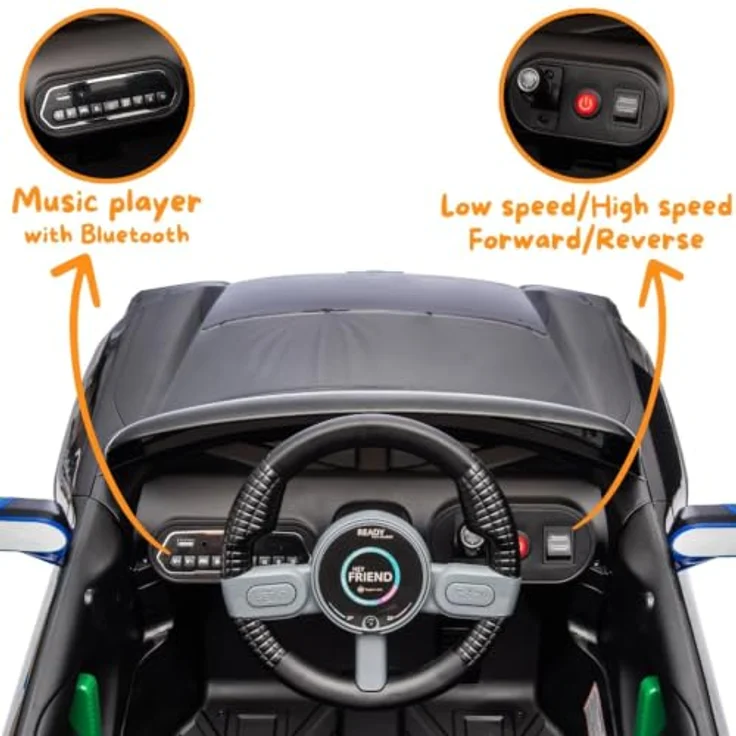 Vrooomy MINI Aceman Kinder Elektroauto 12V, mit Fernbedienung, Black, für 1 bis 5 Jahre, Sicherheitsgurte, MP3-Player, Soft-Start-Funktion, 2 Motoren – Bild 5