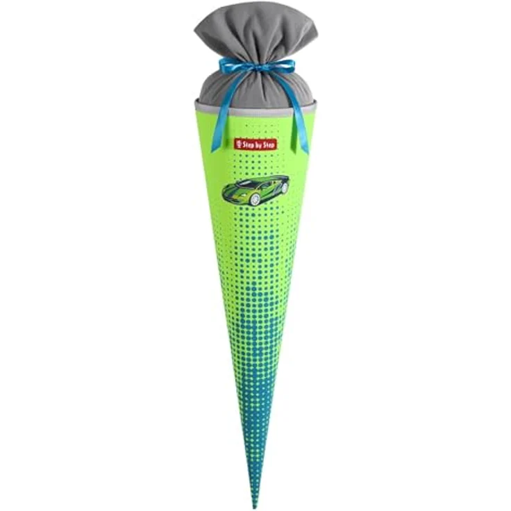 Step by Step Schultüte „Race Car Chuck“, blau-grün, 5 l Füllvolumen, aus recycelten PET-Flaschen, 70 cm Höhe, Stoffverschluss