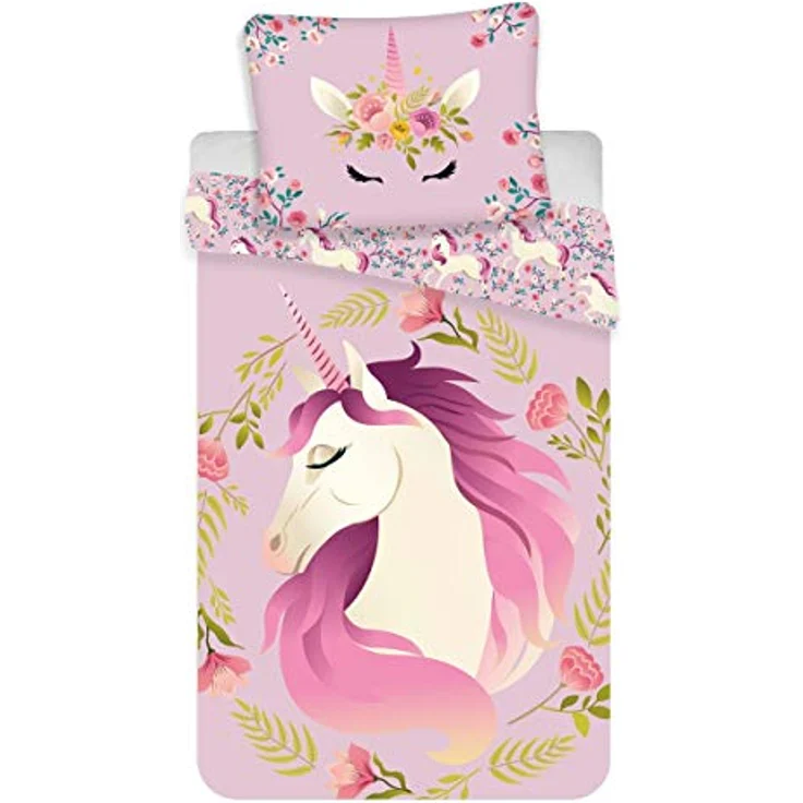 Jerry Fabrics Einhorn Unicorn Wende Bettwäsche Kopfkissen Bettdecke für 135/140x200 cm rosa, 100 % Baumwolle, umkehrbares 2-in-1-Design – Bild 1