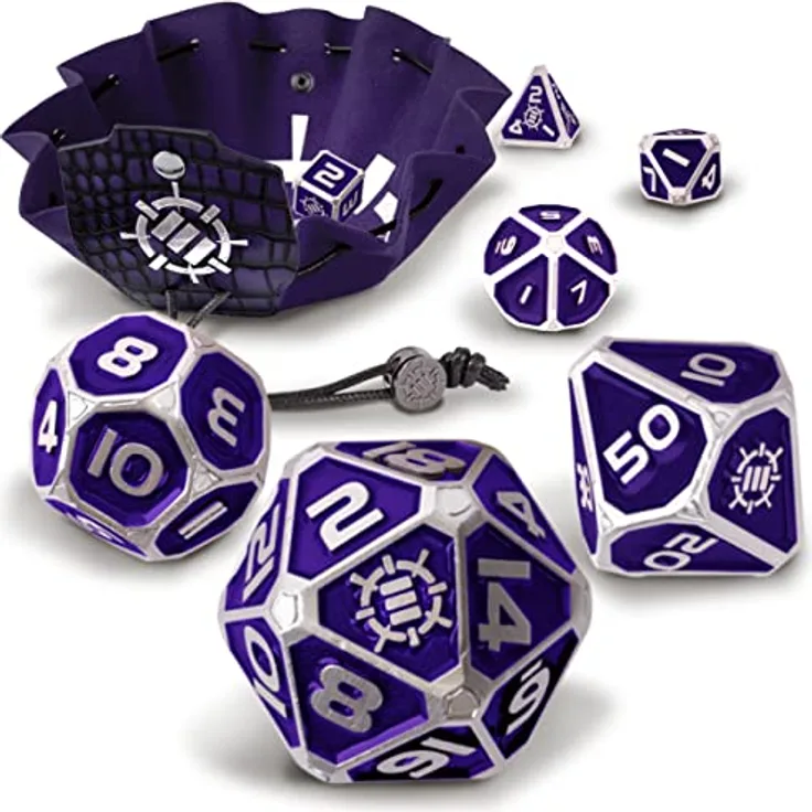 ENHANCE Würfelset aus Metall, 7 polyedrische Würfel mit 2-in-1-Würfeltasche und Würfeltablett aus veganem Leder, lila Sammleredition für Dungeon and Dragons RPG