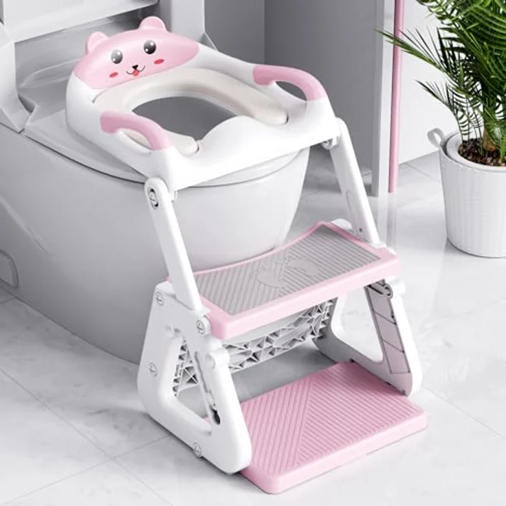 Orzbow Toilettensitz Kinder mit Treppe, stabiler dreieckiger Struktur, verlängerter Spritzschutz, rutschfest und faltbar, PVC-Polster, rosa – Bild 1