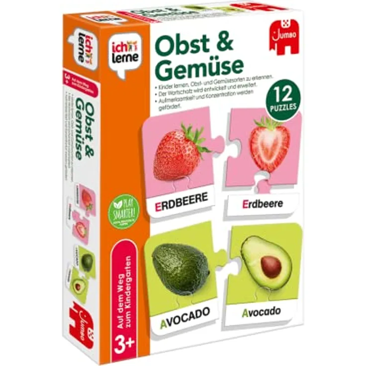 Jumbo - Ich lerne Obst & Gemüse – Lernspiel für Kinder ab 3 Jahren, 12 Puzzles aus recycelten Materialien